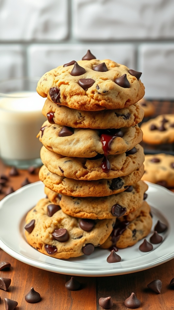 A stack of warm chocolate chip cookies on a plate, with a glass of milk beside it.